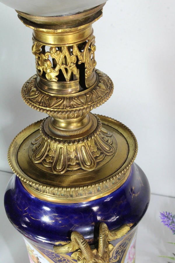 Antique French bayeux porcelain hand paint floral decor ram heads lamp