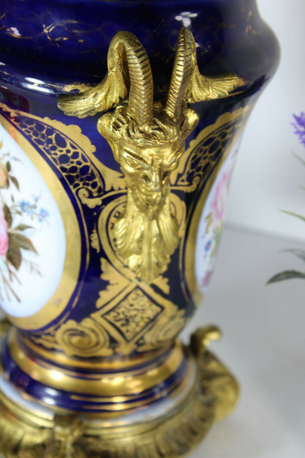 Antique French bayeux porcelain hand paint floral decor ram heads lamp