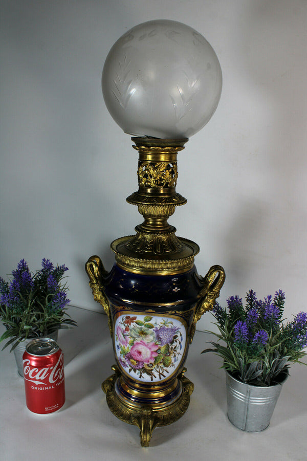 Antique French bayeux porcelain hand paint floral decor ram heads lamp