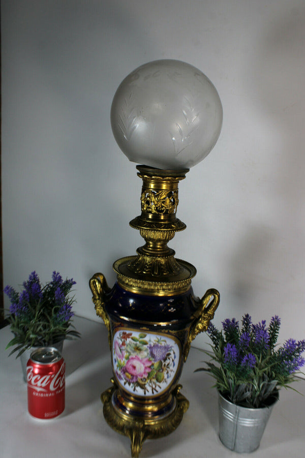 Antique French bayeux porcelain hand paint floral decor ram heads lamp