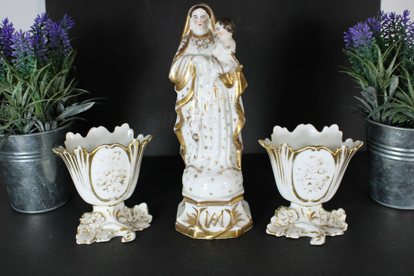 Antique vieux paris 19thc porcelain set madonna mary vases set