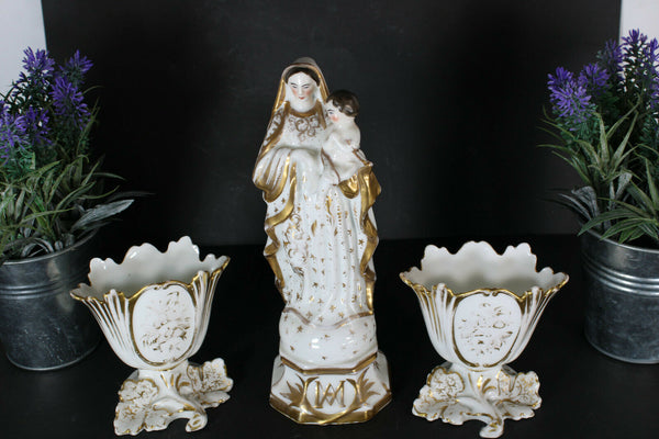 Antique vieux paris 19thc porcelain set madonna mary vases set