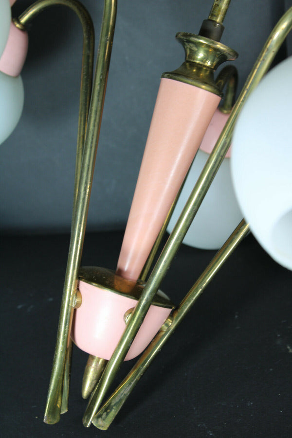 Stilnovo retro vintage italian brass pink opaline shade 5 arm chandelier lamp