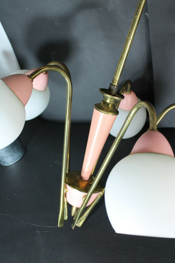 Stilnovo retro vintage italian brass pink opaline shade 5 arm chandelier lamp