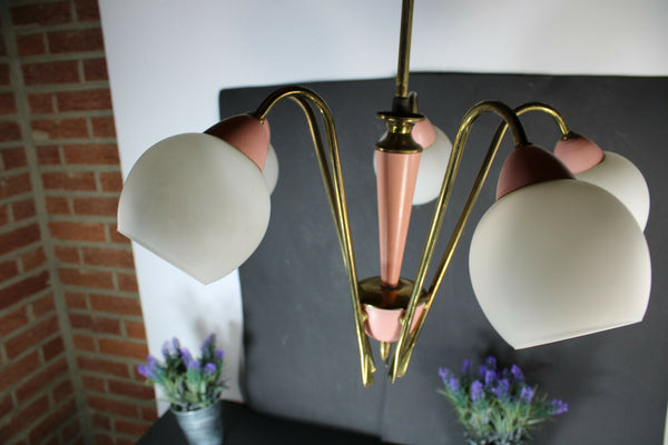 Stilnovo retro vintage italian brass pink opaline shade 5 arm chandelier lamp