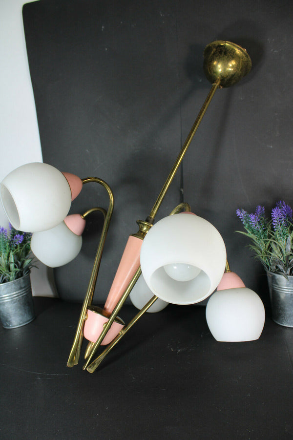 Stilnovo retro vintage italian brass pink opaline shade 5 arm chandelier lamp