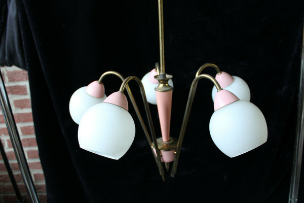 Stilnovo retro vintage italian brass pink opaline shade 5 arm chandelier lamp