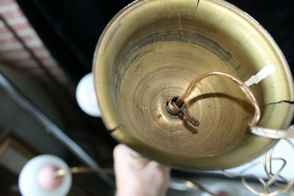 Stilnovo retro vintage italian brass pink opaline shade 5 arm chandelier lamp