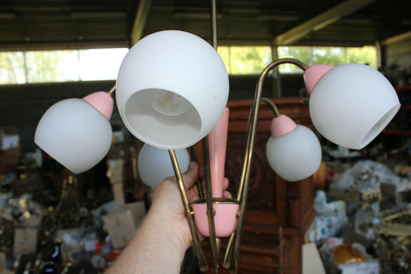 Stilnovo retro vintage italian brass pink opaline shade 5 arm chandelier lamp