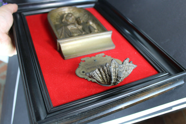 Antique Belgian silvermith Religious bronze plaque wall madonna holy water font