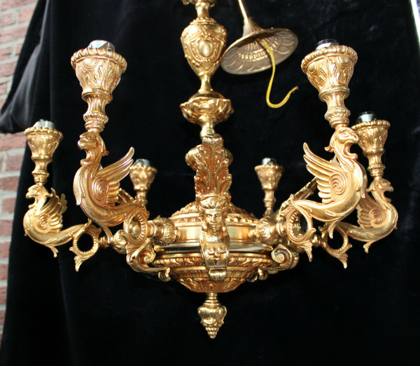 Vintage French Gothic castle dragon caryatid brass chandelier Rare