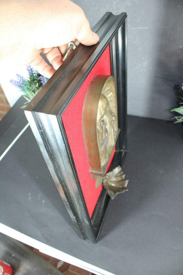 Antique Belgian silvermith Religious bronze plaque wall madonna holy water font