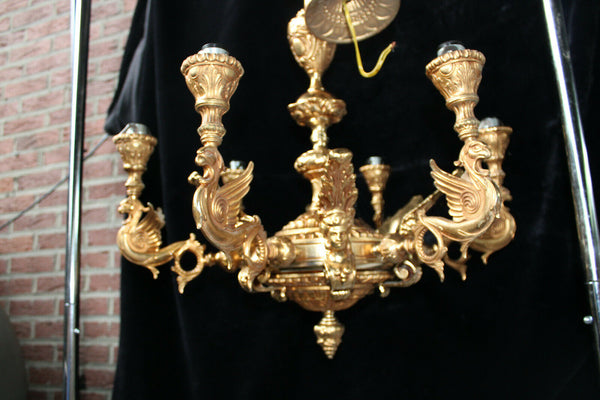 Vintage French Gothic castle dragon caryatid brass chandelier Rare