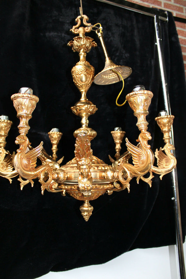 Vintage French Gothic castle dragon caryatid brass chandelier Rare