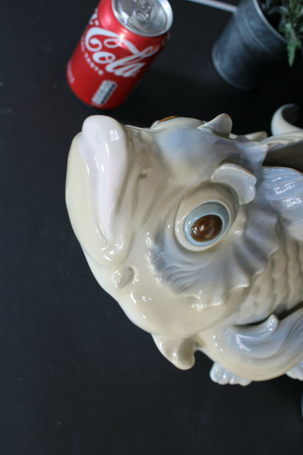 LArge Spanish Valencia marked porcelain fish dolphin planter vase