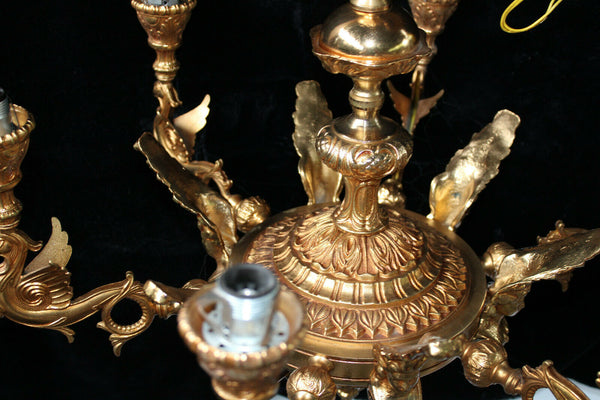 Vintage French Gothic castle dragon caryatid brass chandelier Rare