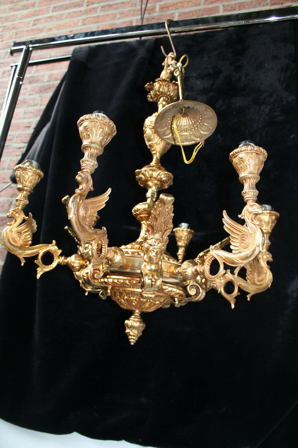 Vintage French Gothic castle dragon caryatid brass chandelier Rare