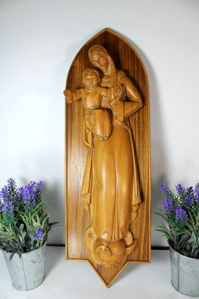 ALBERT POELS signed wood carved sculpture madonna child plaque panel religious