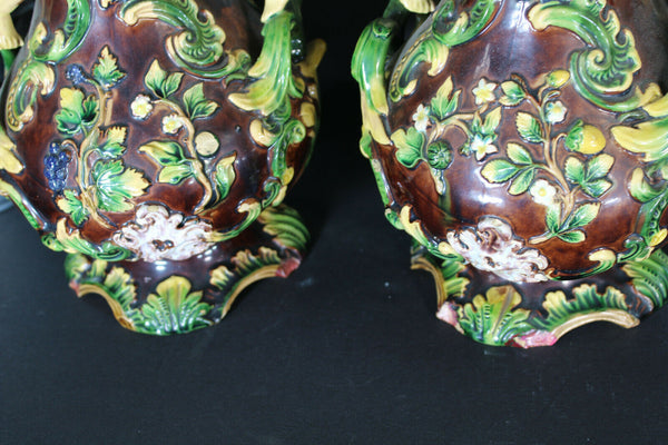 pair antique barbotine majolica putti cherub angel fruit vases