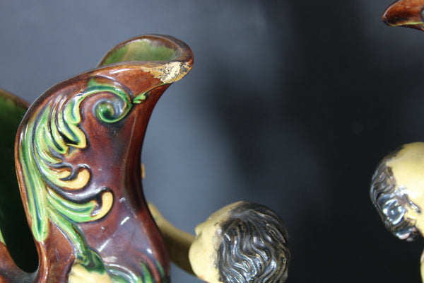 pair antique barbotine majolica putti cherub angel fruit vases