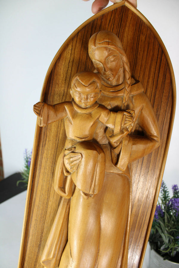 ALBERT POELS signed wood carved sculpture madonna child plaque panel religious