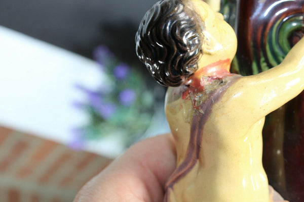 pair antique barbotine majolica putti cherub angel fruit vases