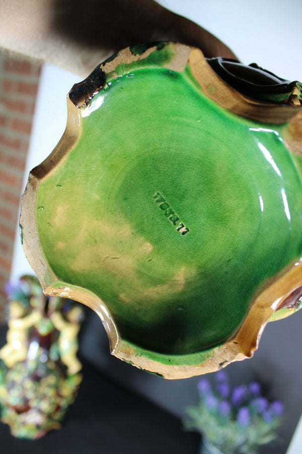 pair antique barbotine majolica putti cherub angel fruit vases