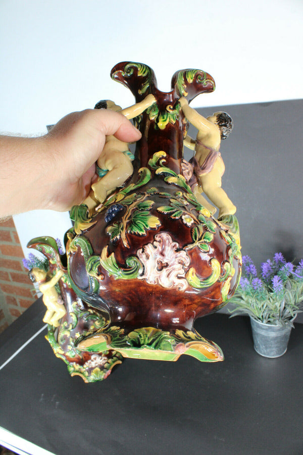 pair antique barbotine majolica putti cherub angel fruit vases