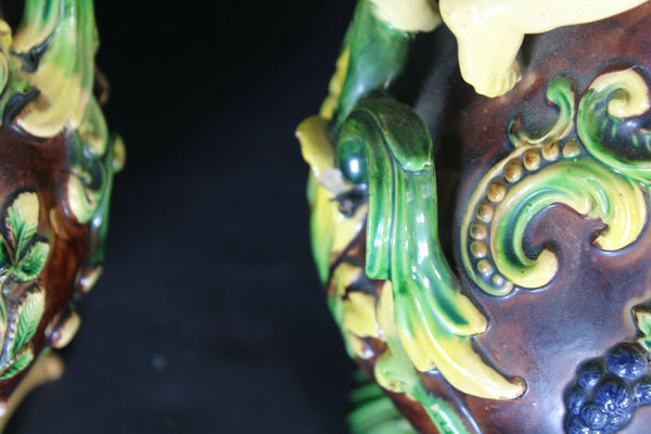 pair antique barbotine majolica putti cherub angel fruit vases