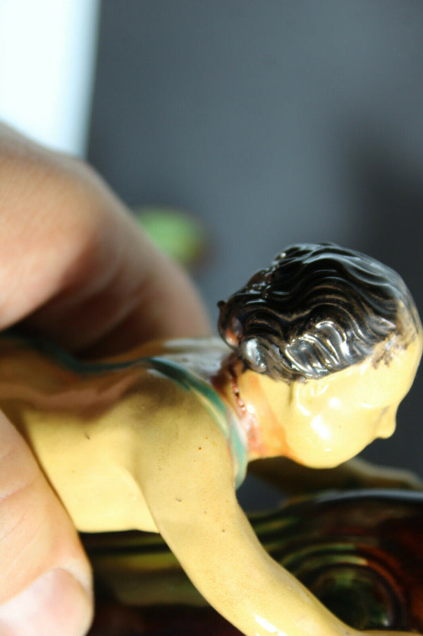 pair antique barbotine majolica putti cherub angel fruit vases