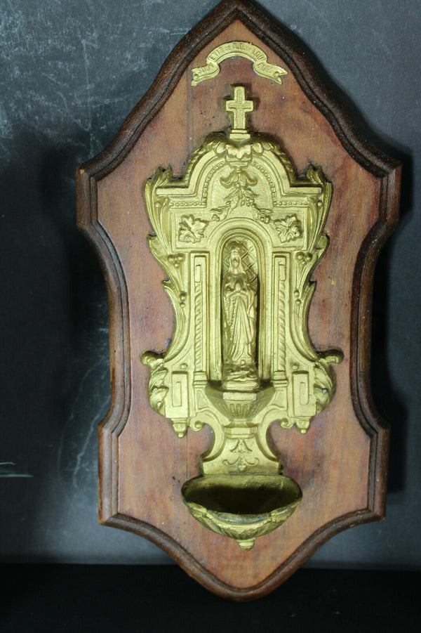 Antique French Lourdes Brass holy water font madonna on wood panel religious