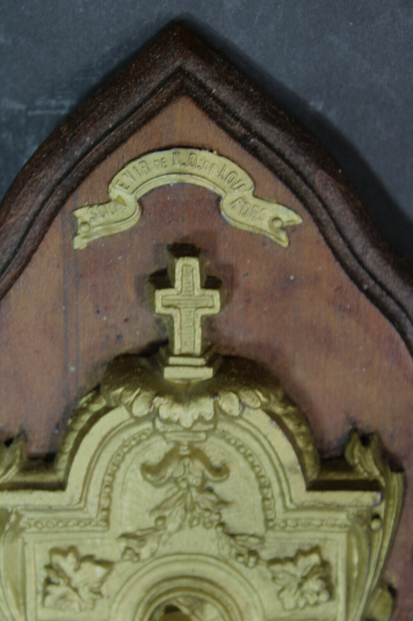 Antique French Lourdes Brass holy water font madonna on wood panel religious