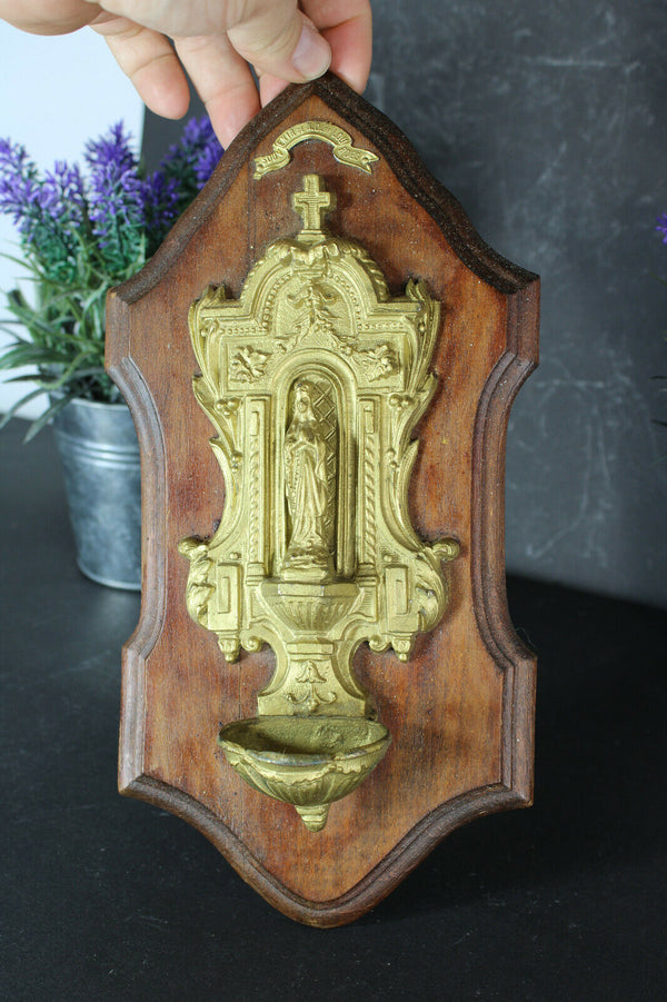 Antique French Lourdes Brass holy water font madonna on wood panel religious