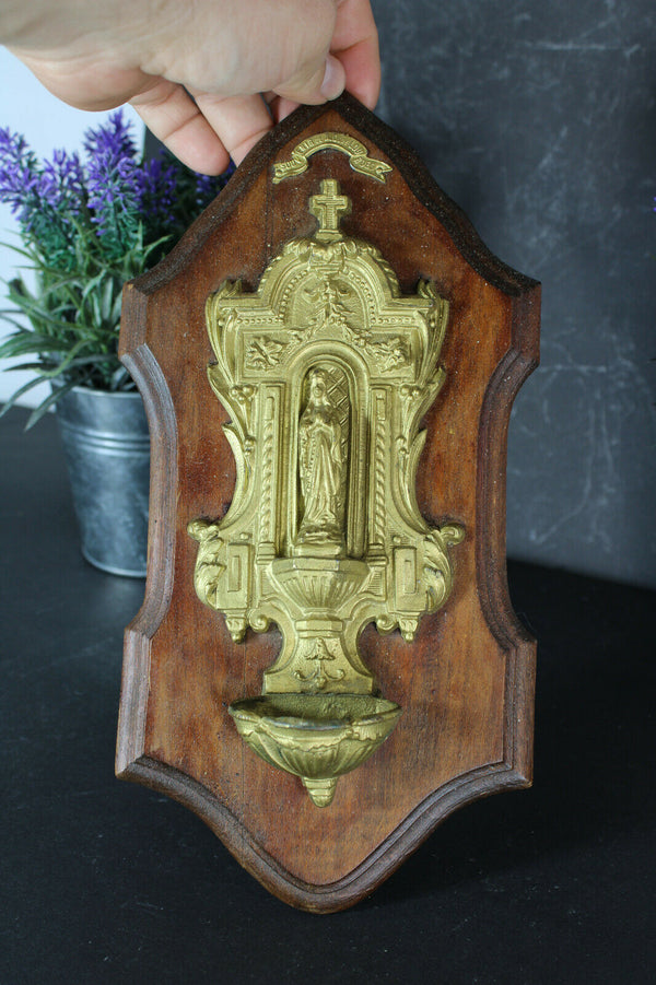 Antique French Lourdes Brass holy water font madonna on wood panel religious