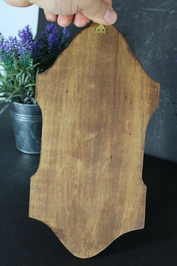 Antique French Lourdes Brass holy water font madonna on wood panel religious