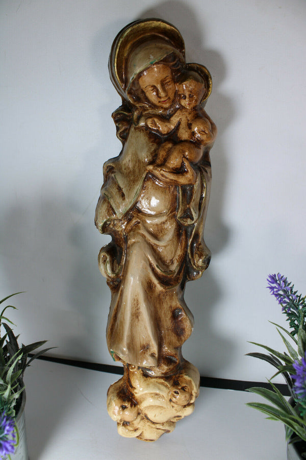 Antique chalk french wall plaquette madonna statue figurine angels base