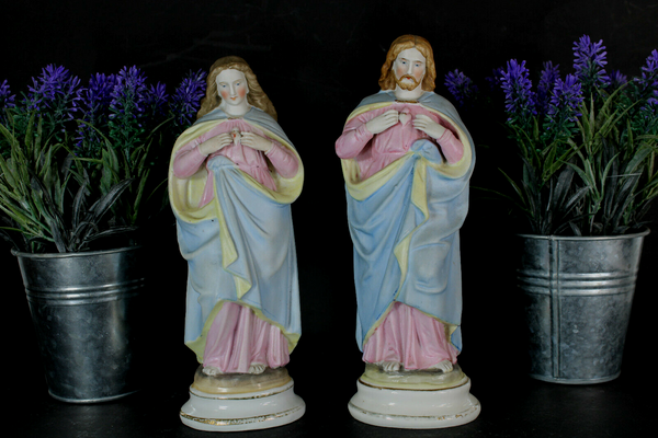 PAIR antique Vieux andenne bisque porcelain sacred heart mary jesus Statue