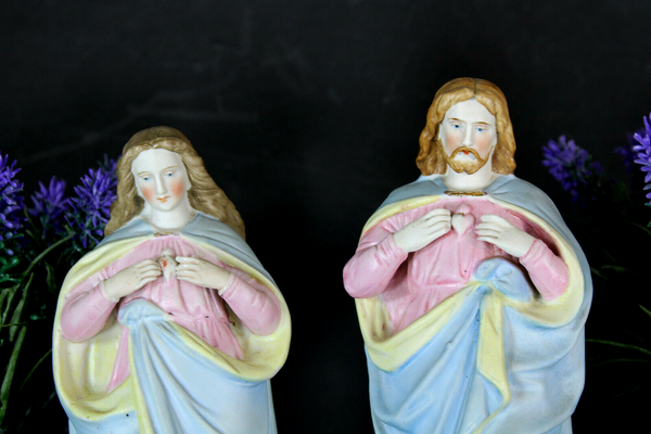 PAIR antique Vieux andenne bisque porcelain sacred heart mary jesus Statue