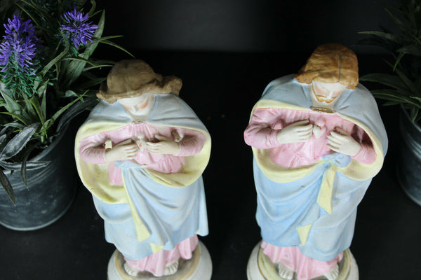 PAIR antique Vieux andenne bisque porcelain sacred heart mary jesus Statue