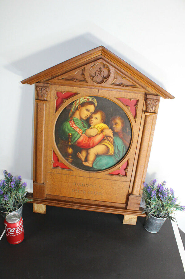 Antique religious wood carved neo gothic wall panel frame oil painting madonna