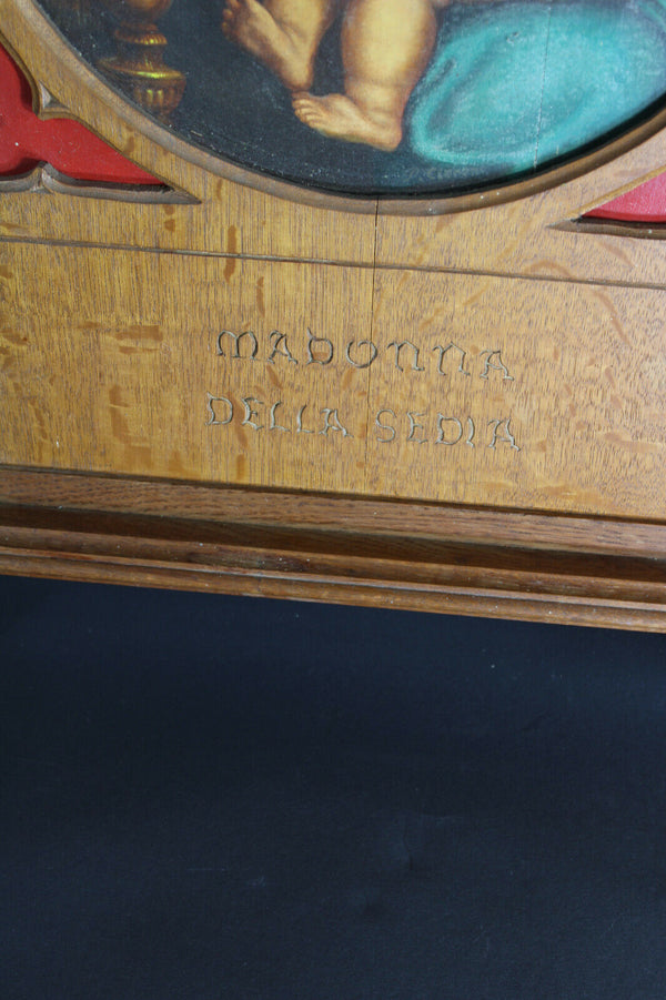 Antique religious wood carved neo gothic wall panel frame oil painting madonna