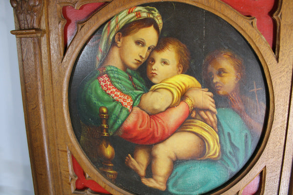 Antique religious wood carved neo gothic wall panel frame oil painting madonna