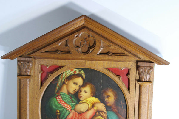 Antique religious wood carved neo gothic wall panel frame oil painting madonna