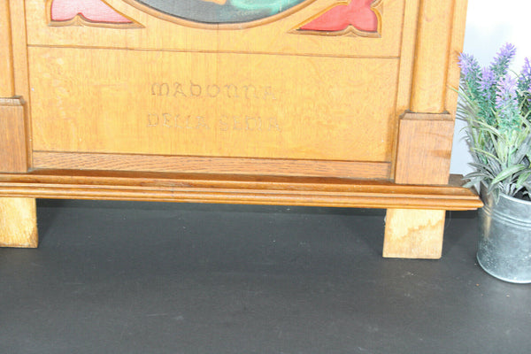 Antique religious wood carved neo gothic wall panel frame oil painting madonna