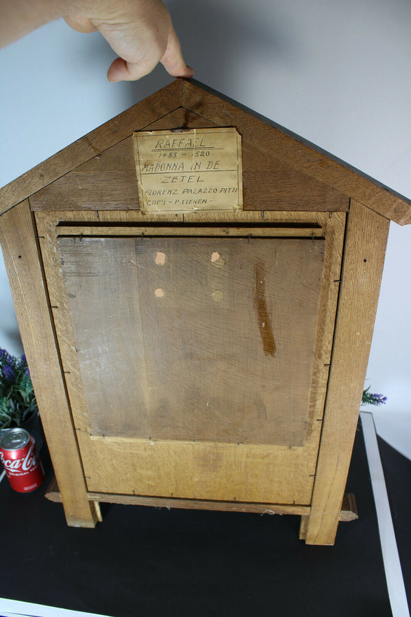 Antique religious wood carved neo gothic wall panel frame oil painting madonna