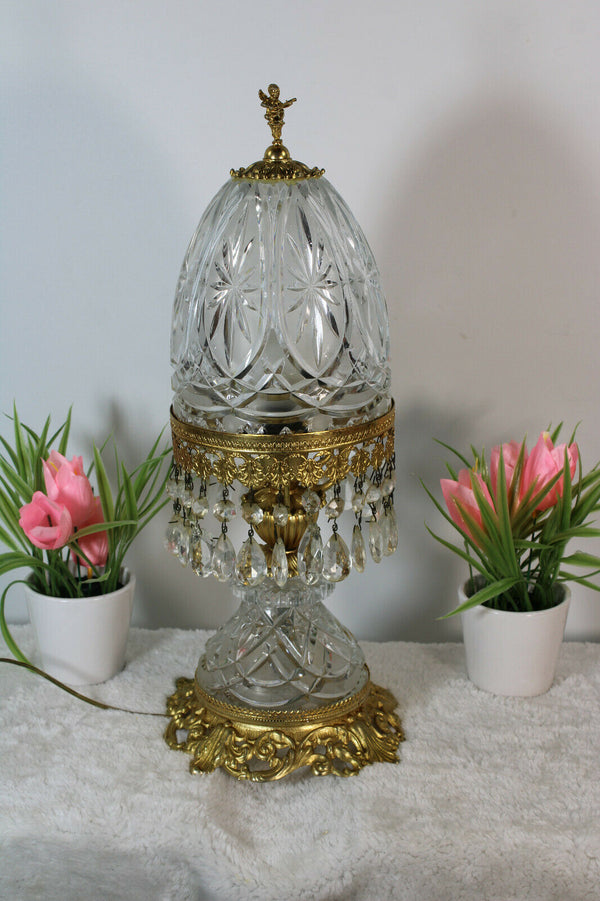 Vintage French Crystal glass Brass cherub putti lamp rare