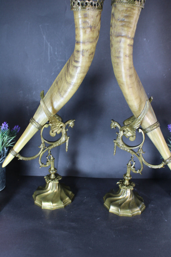 pair XL antique french corncopia horn statue bronze dragons rare castle gothic