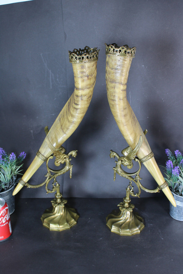 pair XL antique french corncopia horn statue bronze dragons rare castle gothic