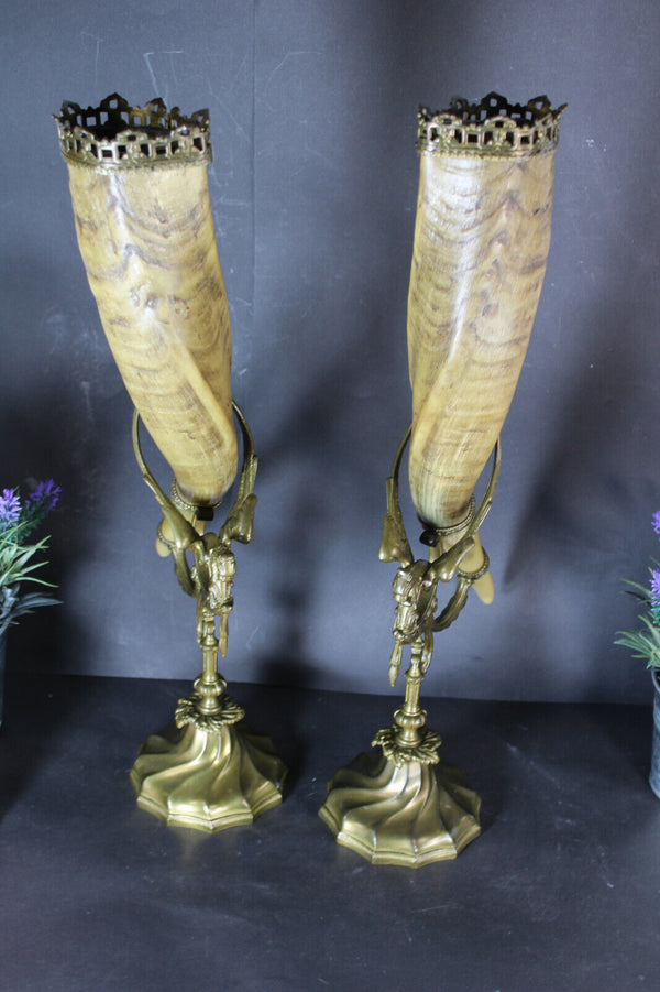 pair XL antique french corncopia horn statue bronze dragons rare castle gothic