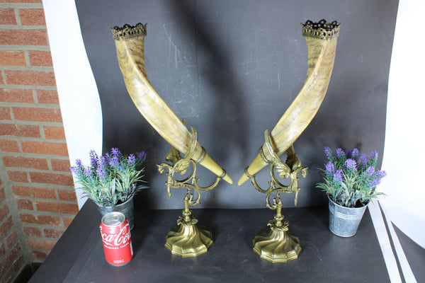 pair XL antique french corncopia horn statue bronze dragons rare castle gothic